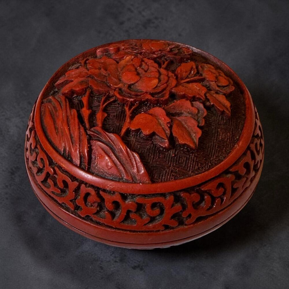 Antique Chinese Cinnabar Hand Carved Floral Peonies Ink Trinket Box 3.25” x 2”